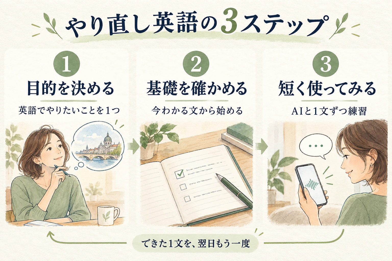 やり直し英語の3ステップ。目的を決める、基礎を確かめる、AIと短く使ってみる。できた1文を翌日もう一度練習する。