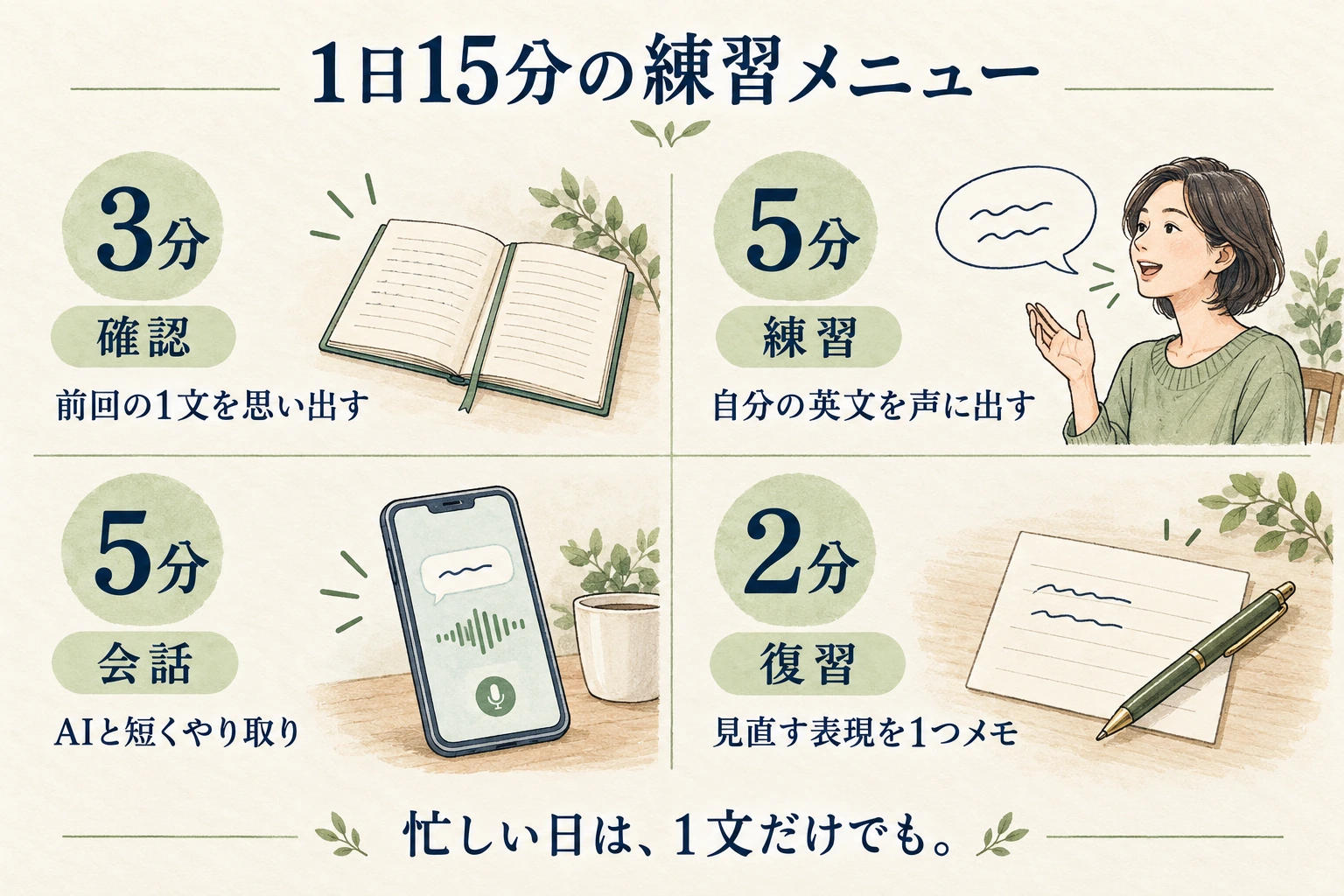 1日15分の練習例。確認3分、練習5分、AIとの会話5分、復習2分。忙しい日は1文だけでも取り組む。