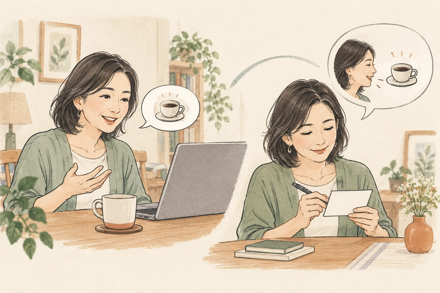 カフェでの注文を想定した英会話のあと、表現をメモして言い直す女性のイラスト